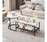 FEEOHOME Lot de 2 Tables Basses, Table Basse gigogne avec Espace de Rangement et Pieds métalliques rotatifs à 360°, Table d'appoint carrée et Ronde, pour Salon, Balcon (Noir)