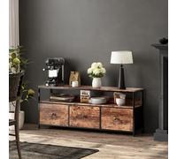 FEEOHOME Meuble TV en Métal, Support pour Téléviseur 55 Pouces, Table Télé avec Réglable LED et 3 tiroirs en PU, Cadre en Métal avec étagères de Rangement, pour Salon ou Chambre, 137 x 57 x 30