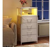 FEEOHOME Table d’Appoint Moderne, Table de Chevet avec LED et USB, Tables de Nuit Étroite, Commode 4 tiroirs Multifonctionnel avec de Nombreuses Poches latérales pour Chambres, Salons (Blanc)