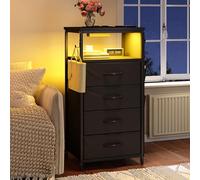 FEEOHOME Table d’Appoint Moderne, Table de Chevet avec LED et USB, Tables de Nuit Étroite, Commode 4 tiroirs Multifonctionnel avec de Nombreuses Poches latérales pour Chambres, Salons (Noir)