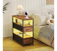 FEEOHOME Table d’Appoint Moderne, Table de Chevet avec LED et USB, Tables de Nuit Étroite, Table Basse Salon Multifonctionnel avec 2 Tiroirs et Compartiments Ouverts (Icône Tigre)