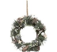Féérie Lights & Christmas - Couronne de noël à suspendre en bois avec boules et pommes de pin - Diamètre 32 cm - Vert, Blanc et Marron - Cocon G