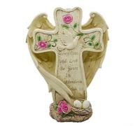 Feeshoppher Décoration de jardin solaire en forme de croix avec ailes d'ange, lumière commémorative extérieure en résine pour cimetière, cour funéraire, décoration spirituelle crème pour Pâques et