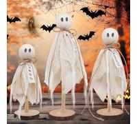 Feeshoppher Ensemble de décorations d'Halloween avec base en bois rustique et figurines en tissu doux avec boo vintage hanté octobre 31 motifs en trois tailles 27,9 cm, 22,9 cm et 17,8 cm pour