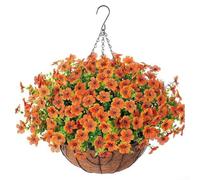 Feeshoppher Jardinières suspendues de 25,4 cm avec fleurs artificielles en soie violette et palmier de noix de coco et chaîne décor floral réaliste pour maison, jardin, balcon, arrangements de mariage