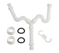 Feeshoppher Kit de vidange double d'évier réglable de 20 cm à 80 cm flexible G1 1 2 et G1 1 4 Adaptateur de tuyau blanc PE P siphon plomberie pour cuisine, salle de bain, linge et élimination des