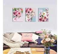 Feeshoppher Lot de 3 impressions sur toile triptyque sans cadre Motif fleurs roses et blanches 30 x 40 cm par panneau - Œuvre d'art florale pour décoration murale d'intérieur