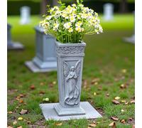 Feeshoppher Vase de cimetière en résine grise avec piquet en métal de 14 cm, support de fleur commémoratif ange pour tombes et jardins, décoration de pelouse extérieure avec trou de drainage pour