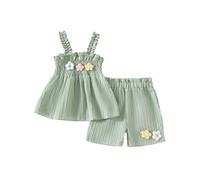 FEESHOW Bébé Fille Tenue D'été 2 Pcs Impression Florale 3D Robe À Bretelles Plissées + Short Ensemble Couleur Unie Photographie Vacances À La Plage 0-4 Ans Vert Clair 18-24 Mois