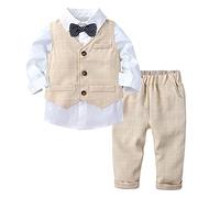 FEESHOW Bébé Naissance Combinaison Costume Smoking Garçon d'honneur Gentleman Chemise Manche Longue + Pantalon Longue + Gilet Tenues Cérémonie Fête Beige B 9-12 Mois