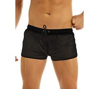 FEESHOW Caleçon Boxer Homme Sexy-Lingerie de Nuit Short de Bain Transparent Thong Homme Underwear Slip de Bain Homme Bikini Mini Pantalon Court de Sport Noir L