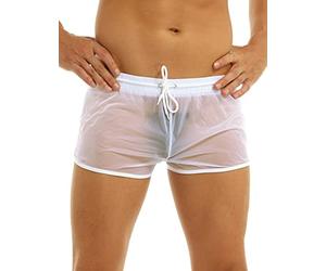 FEESHOW Caleçon Boxer Homme Sexy-Lingerie de Nuit Short de Bain Transparent Thong Homme Underwear Slip de Bain Homme Bikini Mini Pantalon Court de Sport Blanc XL