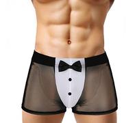 FEESHOW Caleçon Boxer Homme Slip String Transparent Sexy Costume Halloween Cosplay Déguisement Majordome Serveur Tuxedo Tenue Erotique Policier Costume Clubwear Noir XL