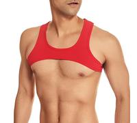 FEESHOW Débardeur Court Hommes Maillot de Corps Ouvert Sissy Tank Top Haut de Bain Natation sous-vêtements sans Manche T-Shirt Sport Fitness Rouge XL