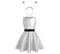 FEESHOW Déguisement extraterrestres pour Fille 2 Pièces Robe Métallique Sans Manches et Serre-Tête pour Fête Alien Costume Halloween Thème Cosplay Argenté 3-4 ans