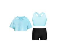FEESHOW Enfant Fille Ensembles De Sport Sweat A Capuche Débardeur + Short De Bain Costume Danse Hip-hop Grm Survêtements Natation Jogging5-16 Ans B Bleu clair 7-8 ans