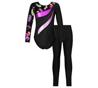 FEESHOW Enfant Fille Tenue Patinage Artistique Gymnastique Justaucorps Gym Yoga Avec Pantalon Gymnastique Danse Latin Jazz Compétition Ensemble Body Leaves 9-10 ans