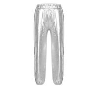 FEESHOW Enfant Garçon Fille Pantalons de Danse Hip-Hop Performance Carnaval Brillant Longue Pantalon Sport Danse Moderne Legging Taille Elastique Argenté 12-14 Ans