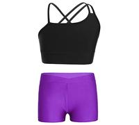 FEESHOW Ensemble de Sport Enfant Fille Ado Débardeur sans Manche Brassière Dos Nu Crop Top de Fitness & Short de Bain Natation Sport Gym Costume Danse Performance Violet A 13-14 Ans