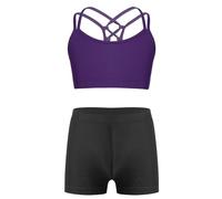 FEESHOW Ensemble de Sport Enfant Fille Débardeur Sans Manche Dos Nu Crop Top de Fitness avec Short Costume Sport Gym Tenue Danse 3-14 Ans Violet 9-10 ans