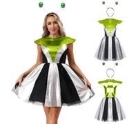 FEESHOW Femme Bal Masqué Sur Le Thème De L'Espace Robe Mini Bodycon Métallique Robe Sans Manche Manche Capuche Jupe En Tulle De Space Cadet Vert fluorescent XXL