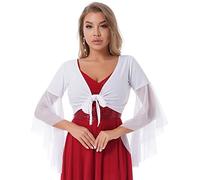 FEESHOW Femme Haut Danse du Ventre Cardigan Boléro Danse Orientale Moderne Cache-Coeur Jazz Samba Tango Costume Spectacle Blouse Dancewear Blanc Taille Unique