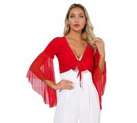 FEESHOW Femme Haut Danse du Ventre Cardigan Boléro Danse Orientale Moderne Cache-Coeur Jazz Samba Tango Costume Spectacle Blouse Dancewear Rouge Taille Unique