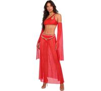 FEESHOW Femme Pcs Set Ourlet Évasé Belly Danse Brassière Jupe De Danse Cosplay Outfit Pieces Set Ensemble Pièces Du Ventre Spectacle Rouge S