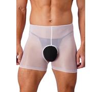 FEESHOW Homme Boxer Slip Ouvert Short Transparent Lingerie De Nuit Boxer Jockstrap Short De Pyjama Nuit Moulant sous-vêtement De Nuit Blanc Taille Unique