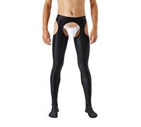 FEESHOW Homme Brillant Collant Legging Ouvert Sexy Lingerie de Nuit Bas Compression Stretch Skinny Pantalon Effet Métallisé Clubwear pour Danse Soirée Cocktail Noir M