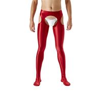 FEESHOW Homme Brillant Collant Legging Ouvert Sexy Lingerie de Nuit Bas Compression Stretch Skinny Pantalon Effet Métallisé Clubwear pour Danse Soirée Cocktail Rouge L