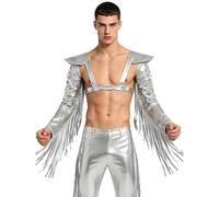 FEESHOW Homme Harnais De Poitrine Harnais De Corps S Disco Outfit Yk Similicuir Wetlook Veste Cosplay D'Armure D'Épaule Corps Punk Sorcière Argent L
