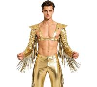 FEESHOW Homme Harnais De Poitrine Harnais De Corps S Disco Outfit Yk Similicuir Wetlook Veste Cosplay D'Armure D'Épaule Corps Punk Sorcière Or L