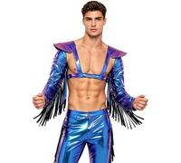 FEESHOW Homme Harnais De Poitrine Harnais De Corps S Disco Outfit Yk Similicuir Wetlook Veste Cosplay D'Armure D'Épaule Corps Punk Sorcière Bleu L