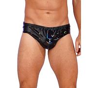 FEESHOW Homme Sexy Mini String en Cuir Brillant Métallique Taille Basse Sissy Culotte Caleçon Chaud Short Slim Fit Thong Tanga Briefs Underwear Noir A L