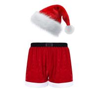 FEESHOW Homme Short de Père Noël Pantalon Court Velour Boxer Deguisement Noel Santa Costume Carnaval Partie Party Jockstrap Christmas Underwear Rouge XXL