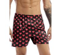 FEESHOW Hommes Short de Pyjama Boxer Soie Short avec Motif Lèvres/Amour Coeur sous-vêtements de Nuit Homme Lingerie de Nuit Pantalon Court Taille Élastique Noir M