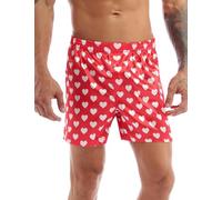 FEESHOW Hommes Short de Pyjama Boxer Soie Short avec Motif Lèvres/Amour Coeur sous-vêtements de Nuit Homme Lingerie de Nuit Pantalon Court Taille Élastique Rouge L