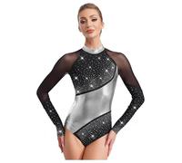 FEESHOW Justaucorps De Danse Femme Bodysuit Manches Longue Combinaison Métalliques Avec Strass Scintillent Justaucorps Gymnastique Noir argent S