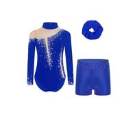 FEESHOW Justaucorps De Gymnastique Strass Pour Enfants Et Filles Combinaison De Danse Manches Longues Avec Short Et Bandeau Pour Cheveux A bleu roi 9-10 ans
