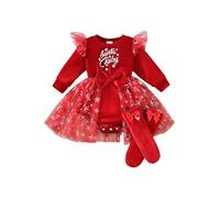 FEESHOW Nouveau Bébé Fête Noël Robes Manches Longues Volants Bébé Fille Robe Tulle Transparent Nœud Papillon Robe Rouge Combinaison Noël Chaussettes 1-18 Mois Rouge 0-3 Mois