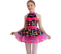 FEESHOW Robe Cirque Déguisement Justaucorps Robe Enfant Fille Ringmaster Cirque Magique Franges Paillettes Brillantes Carnaval Halloween 6-16 Ans Rose Vif Fluorescent 9-10 Ans