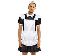 FEESHOW Sissy Servante Robe De Chambre Homme Satin Robe Uniform Maid Costume Crossdress Ensembles de Pyjama Homme Sissy Maid Dress Noir X-Large
