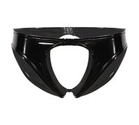 FEESHOW Slip Ouvert Femme Culotte en Cuir Brillant Triangle Thong Tanga Sexy Lingerie de Nuit Bas de Bain Natation sous-vêtement Taille Bas G-String Noir 3XL