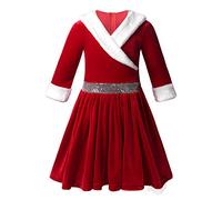 FEESHOW Vêtement De Noël Père Enfant Fille Rouge Robe Noël Hiver Robe De Soirée Baptême Fête Quotidiens Chaude Robe à Manches Longues Pailletes Brillant Fourrure Velours Hiver Robe Rouge 8 Ans