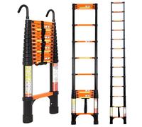 FEETE Échelle télescopique de 3,7 m, échelle d'extension en Aluminium avec stabilisateurs triangulaires et Crochets Amovibles, échelle de Toit Pliable d'une capacité de 150 kg, échelle télescopique