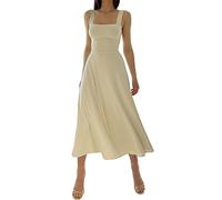 FEETT 2023 New Women's Summer Sexy Thick Straps Midi Dress, Casual High Waist Slim Fit Sleeveless Dress (Beige,S)