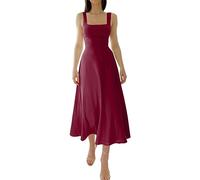 FEETT 2023 New Women's Summer Sexy Thick Straps Midi Dress, Casual High Waist Slim Fit Sleeveless Dress (Red02,S)