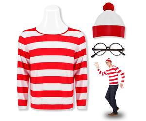 Feeziloe Men Where's Wally Kit de costume avec chapeau haut-de-forme, lunettes et chaussettes, haut rouge et blanc, déguisement pour la journée mondiale du livre, Halloween, l'école (taille XL)