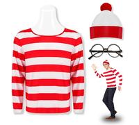 Feeziloe Men Where's Wally Kit de déguisement avec chapeau haut-de-forme, lunettes et chaussettes, haut rouge et blanc plus frais pour la journée mondiale du livre (XXXL)